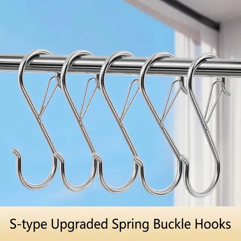 Stainless Steel S-shaped Hooks Windproof Anti-drop Spring Buckle Heavy Duty Metal Hooks For Kitchen Closet Storage