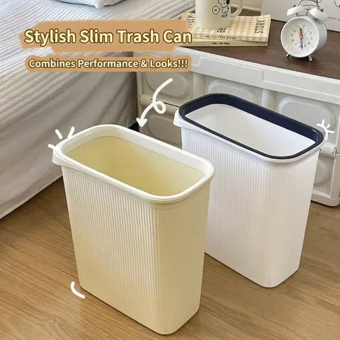 Japanischer Minimalist Schmaler Mülleimer Cremefarben Gestreifter Kunststoff Papierkorb Deckellos Für Küche Badezimmer Zuhause
