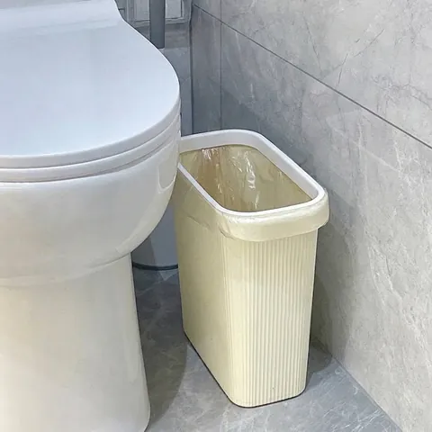Japanischer Minimalist Schmaler Mülleimer Cremefarben Gestreifter Kunststoff Papierkorb Deckellos Für Küche Badezimmer Zuhause