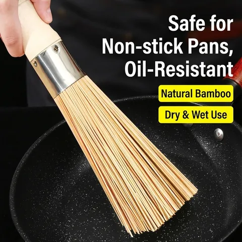 Natural Bamboo Pot Brush Wood Handle Stainless Steel Kitchen Scrubber Durable Scouring Tool for Pan Dish Cleaning