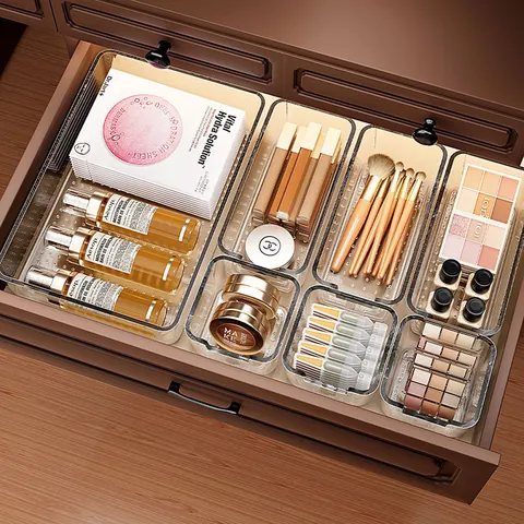 Organisateur de Tiroir en Plastique Transparent Empilable PET Bac de Rangement pour Maquillage Bureau Cuisine Salle de Bain