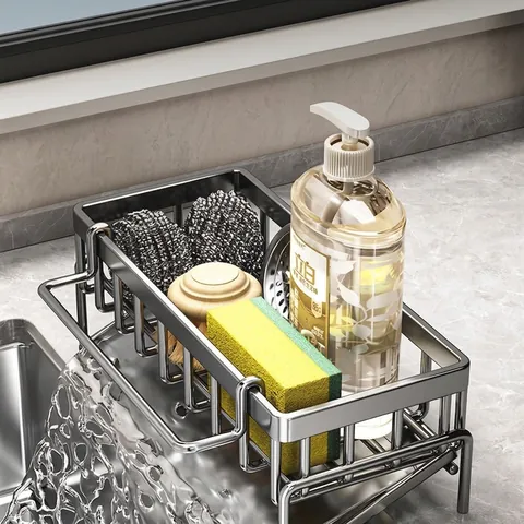 Carbon Steel Kitchen Sink Organizer Drain Rack Countertop Sponge Holder With Rag Hanging Bar Removable Drain Tray Grey Black