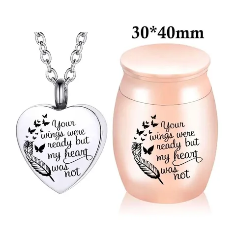 Stainless Steel Heart Pet Memorial Urn Necklace Set For Ashes Butterfly Feather Pattern Commemorative Pendant Jewelry