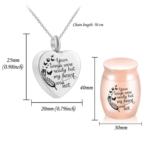 Stainless Steel Heart Pet Memorial Urn Necklace Set For Ashes Butterfly Feather Pattern Commemorative Pendant Jewelry