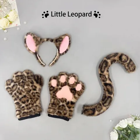 Halloween Leopard Animal Cosplay Ears Headband Paw Gloves Long Tail Costume Set For Kids Adults Masquerade Party Performance Props