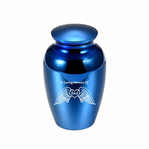 Small Metal Cremation Urn For Human Pet Ashes Memorial Keepsake Funeral Jar With Heart Wings Design Blue Mini Urn