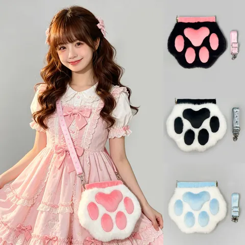 Bolso Bandolera de Peluche con Almohadilla de Pata Lolita Japonesa Bolso de Hombro Kawaii para Mujer Accesorio de Moda Y2K