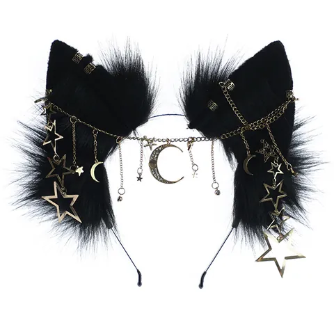 Lolita Dark Style Plush Wolf Animal Ears Headband For Women Cosplay Headwear With Metal Chain Star Moon Hanging Accessories