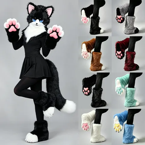 Pattes de Fourrure Fursuit Faites à la Main Pieds de Chat d'Animal Accessoires de Costume Anime Expo Peluche Cosplay Chaussettes de Patte Pour Adultes Unisexe Fête