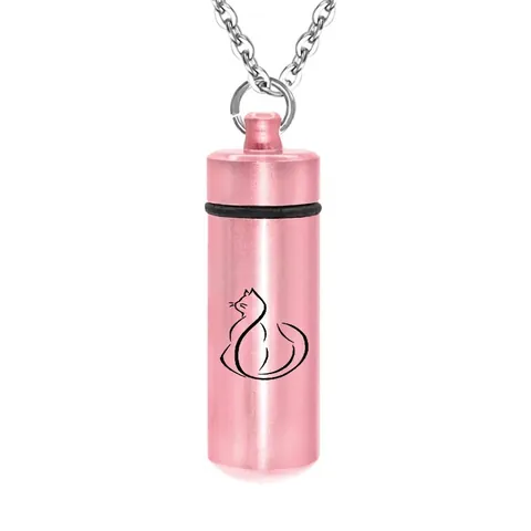 Rose Gold Metal Cylinder Pet Cremation Urn Pendant Necklace Cat Silhouette Memorial Jewelry Essential Oil Bottle Pendant