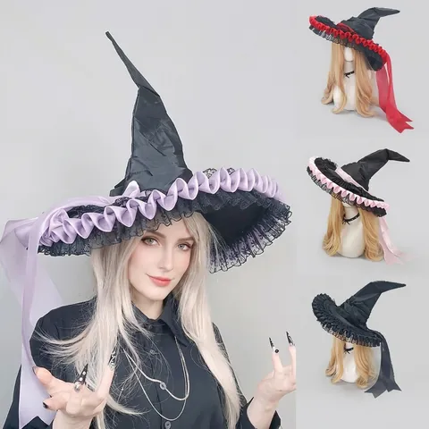 Gothic Lolita Witch Hat Halloween Cosplay Headwear Dark Style Lace Wizard Hat With Long Ribbons For Costume Party Women