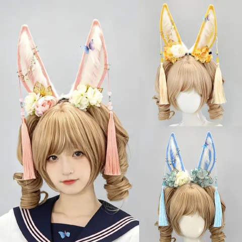 Handmade Plush Rabbit Ear Headband Ancient Style Hair Accessories With Long Tassels Silk Flowers For Cosplay Party Women