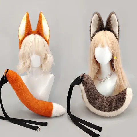 Diadema de Orejas de Animal de Simulación y Cola Larga de Peluche Accesorios de Disfraz de Cosplay de Halloween para Niños Adultos