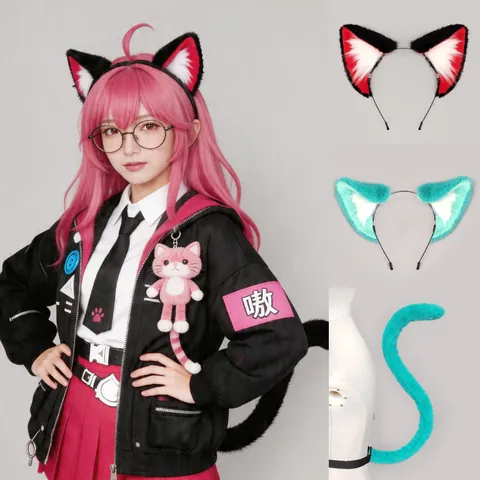 Handmade Realistic Faux Fur Cat Ears Headband And Plush Animal Tail Anime Neko Girl Cosplay Party Costume Props For Women Girls