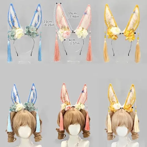 Handmade Plush Rabbit Ear Headband Ancient Style Hair Accessories With Long Tassels Silk Flowers For Cosplay Party Women