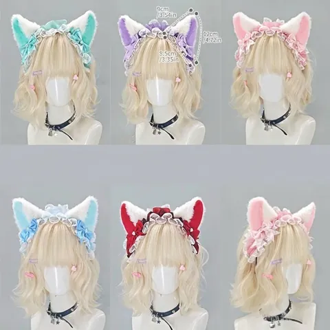Japanese Lolita Cat Ear Headband Sweet Plush Lace Bow Headpiece For Cosplay Party Women Maid Costume Hair Accessory