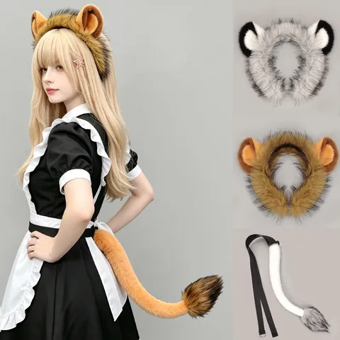Halloween Lion Ears Headband Faux Fur Animal Plush Tail Costume Accessory For Masquerade Party Performance Props Brown White