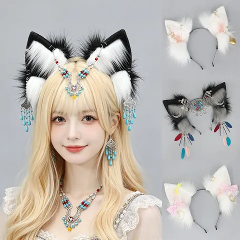 Faux Fur Wolf Ear Headband Ethnic Bohemian Cosplay Hair Accessories Turquoise Pendants Kitsune Neko Ears Costume Headwear