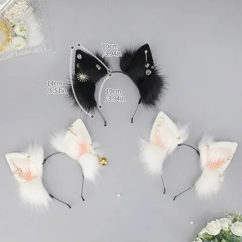 Faux Fur Wolf Ear Headband Ethnic Bohemian Cosplay Hair Accessories Turquoise Pendants Kitsune Neko Ears Costume Headwear