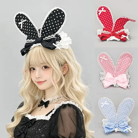 Lolita Polka Dot Rabbit Ears Mini Hat Hair Clip Sweet Harajuku Bow Lace Headband For Women Cosplay Party Hair Accessories