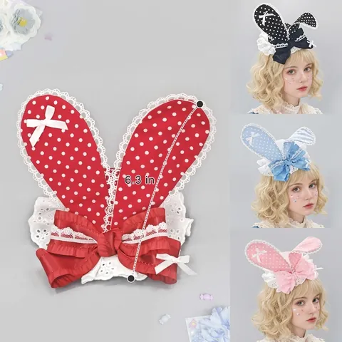 Lolita Polka Dot Rabbit Ears Mini Hat Hair Clip Sweet Harajuku Bow Lace Headband For Women Cosplay Party Hair Accessories