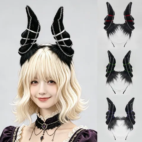 Gothic Plush Devil Horns Headband With Chain Decoration Halloween Cosplay Goat Horn Hair Hoop Anime Party Hair Accessories