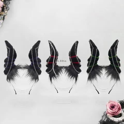 Gothic Plush Devil Horns Headband With Chain Decoration Halloween Cosplay Goat Horn Hair Hoop Anime Party Hair Accessories
