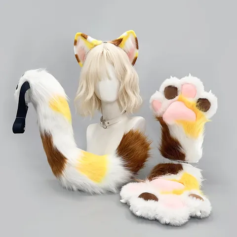Accessoires de Cosplay Chat Calicot en Fausse Fourrure Oreilles d'Animaux Anime Serre-tête Longue Queue Gants de Pattes pour Fête