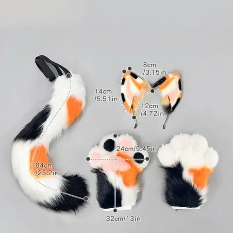 Accessoires de Cosplay Chat Calicot en Fausse Fourrure Oreilles d'Animaux Anime Serre-tête Longue Queue Gants de Pattes pour Fête