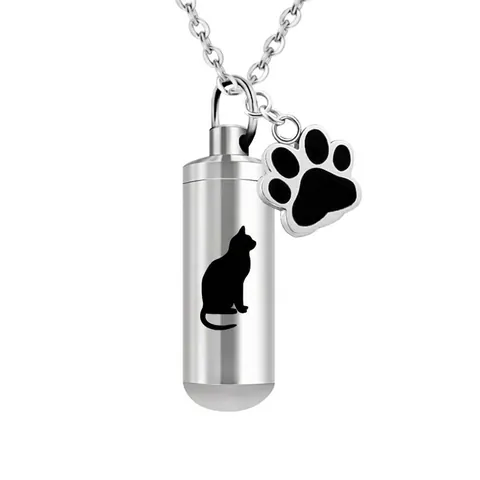 Stainless Steel Pet Cremation Urn Necklace Cylindrical Memorial Pendant Cat Silhouette Paw Charm Ashes Memorial Jewelry