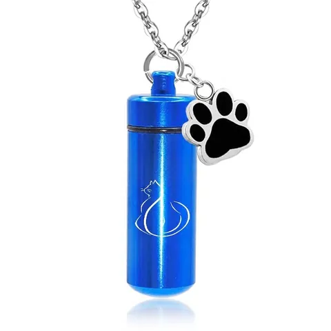 Aluminum Alloy Pet Cremation Urn Necklace For Ashes Cylindrical Cat Paw Print Memorial Pendant Stainless Steel Chain Jewelry