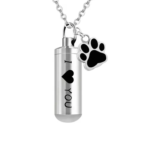 Stainless Steel Cremation Urn Necklace Memorial Cylinder Pendant With Paw Print Charm Pet Ash Keepsake Perfume Bottle Necklace For Unisex