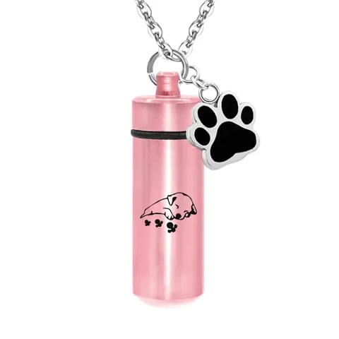 Cylindrical Pet Cremation Urn Pendant Necklace Aluminum Alloy Memorial Jewelry For Ashes With Paw Charm For Women Men
