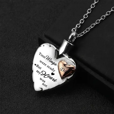 Stainless Steel Heart Memorial Cremation Urn Necklace For Ashes With Rhinestone Birthstone Angel Wing Pendant Family Jewelry