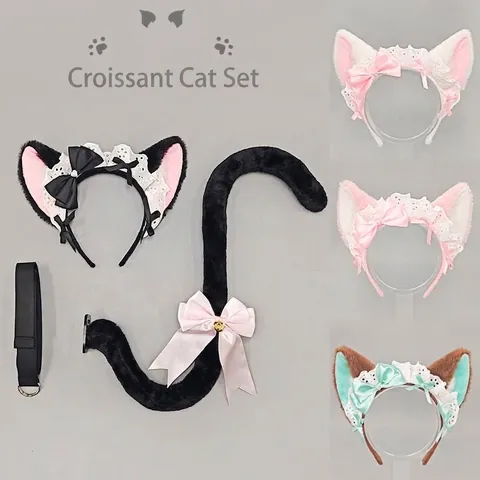 Dulce Lolita Peluche Encaje Satén Orejas de Gato Diadema Cola Juego Con Campana Para Cosplay Fiesta Anime Accesorios para el Cabello Mujer