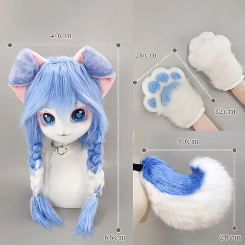 Ensemble Fursuit de Chien Style Kig Fait Main Tête Griffes Queue Peluche Fausse Fourrure Costume de Cosplay Anime pour Carnaval Fête Homme Femme