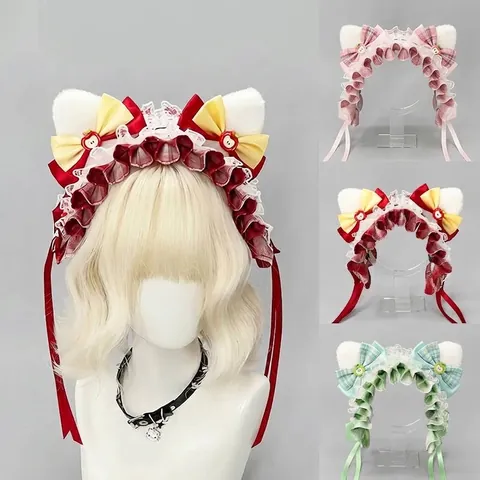 Lolita Plush Cat Ears Headband Sweet Lace Bowknot Hair Band For Women Cosplay Maid Kawaii Animal Ear Hair Accessories