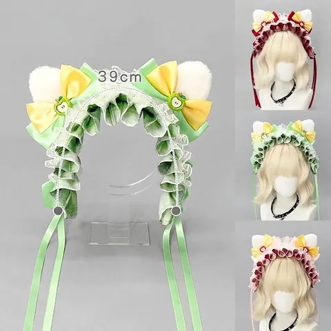 Lolita Plush Cat Ears Headband Sweet Lace Bowknot Hair Band For Women Cosplay Maid Kawaii Animal Ear Hair Accessories