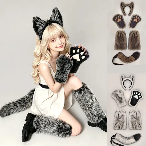 Werewolf Cosplay Costume Set Halloween Faux Fur Wolf Ears Headband Tail Paw Gloves Leg Warmers 6Pcs Performance Props Women