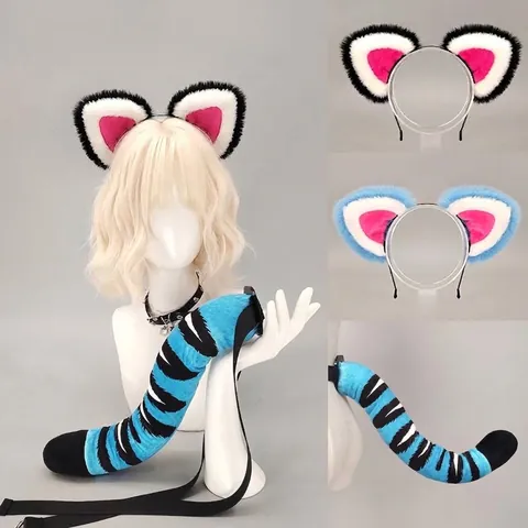 Handmade Plush Tiger Ears Headband And Animal Tail For Cosplay Anime Expo Party Women Tiger Pattern Costume Props