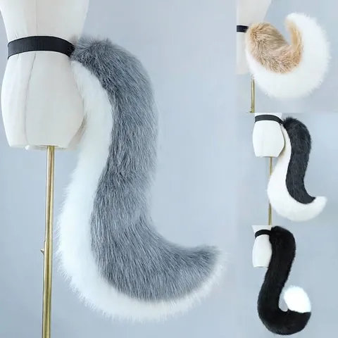 Fursuit Animal Tail Prop Faux Fur Wolf Fox Cat Tail With Adjustable Belt For Cosplay Halloween Party Performance Comic Con Accessories