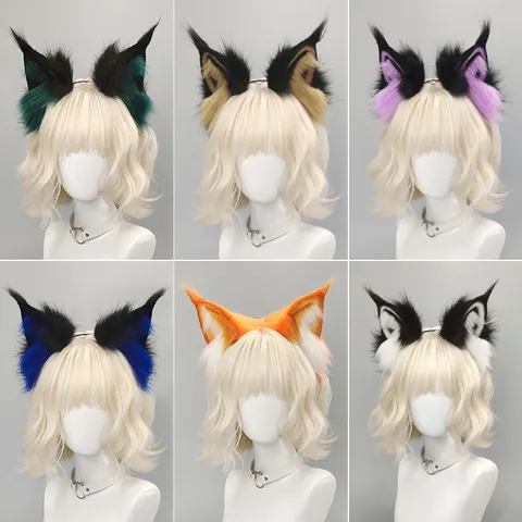 Diadema de Orejas de Animal de Felpa Hecha a Mano Piel Sintética Zorro Lobo Gato Lince Orejas de Disfraz Para Halloween Cosplay Fiesta