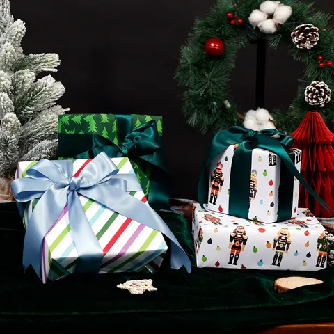 Papel de Regalo de Navidad Cascanueces en Rollo Metálico a Rayas Estampado Árbol Papel Estucado para Embalaje de Regalos Navidad