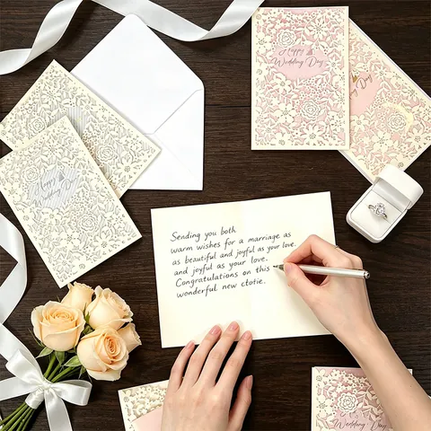 French Laser Cut Wedding Invitation Cards With Envelopes Hollow Out Flower Macaron Greeting Cards For Wedding Banquet Party Blessings