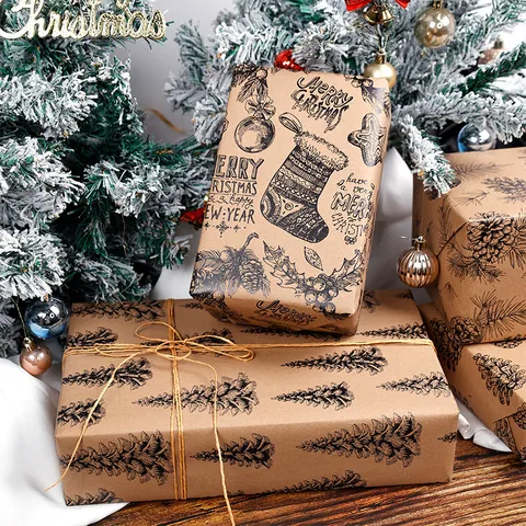Retro Christmas Kraft Wrapping Paper Roll Reindeer Snowflake Christmas Tree Pine Cone Patterns DIY Xmas Gift Craft Paper