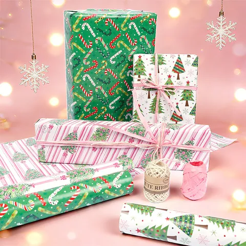 Christmas Gift Wrapping Paper Roll Snowman Christmas Tree Candy Cane Stripes Pattern Festive Gift Wrap For Holiday Party Home Decoration