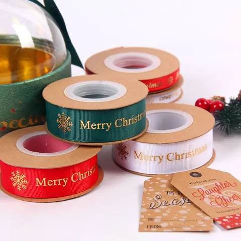 Merry Christmas Gold Stamping Polyester Satin Ribbon For Gift Wrapping Festive Snowflake Pattern Decorative Ribbon Christmas Decor