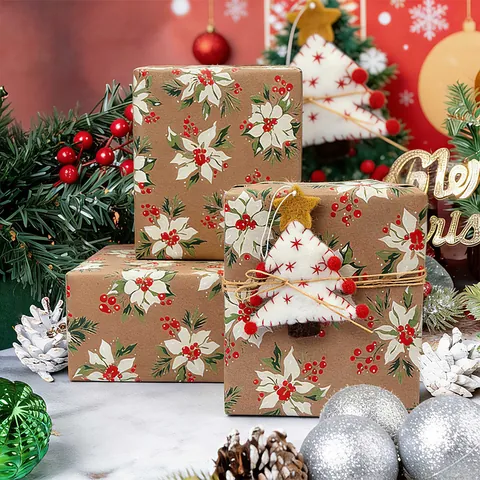 Vintage Weihnachten Geschenkpapier Kraftpapier Rolle Für Geschenkverpackung Weihnachtsbaum Poinsettia Schneeflocke Muster Feiertags Party Zubehör