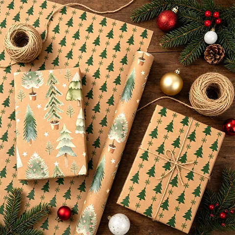 Papel de Regalo de Navidad de Doble Cara Kraft Patrón Vintage de Renno Árbol Camión Rollo de Papel de Regalo Festivo