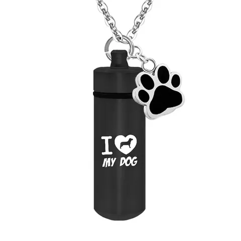 Aluminum Alloy Memorial Urn Necklace For Pet Ashes Cylindrical Pendant With Dog Pattern Paw Charm Cremation Jewelry Gift